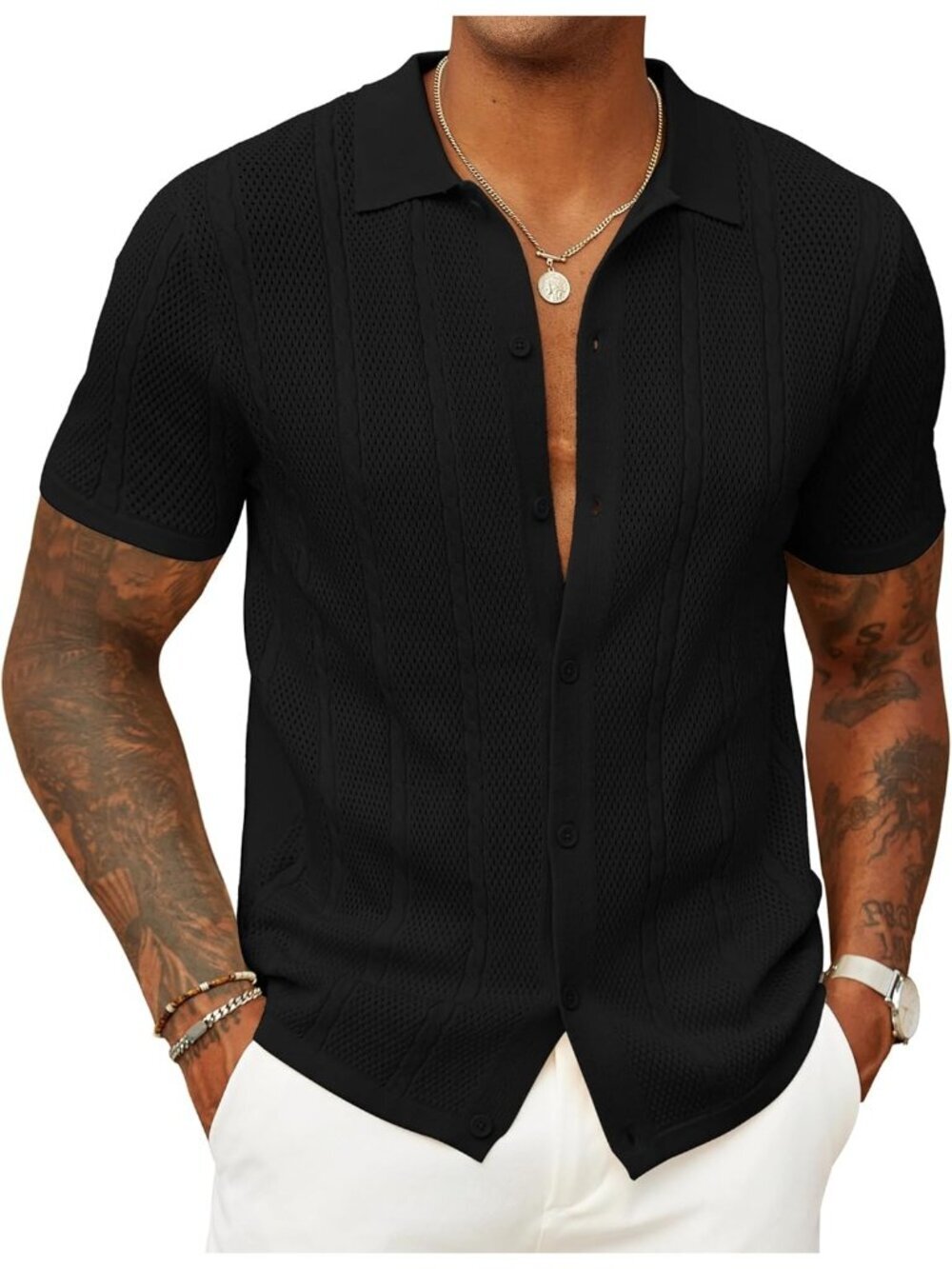 Men's Black Short Sleeve Knit Button Down Shirt Casual Textured Polo Shirt